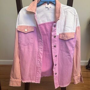 Pink and White Colorblock Denim Jacket